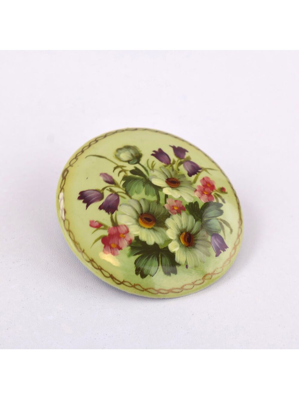 Antique Hand Painted Porcelain Flower Brooch 1900s Green Cottagecore‎ C Clasp